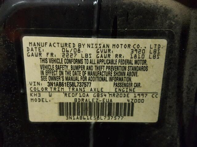 3N1AB61E58L737577 - 2008 NISSAN SENTRA 2.0 BLACK photo 10