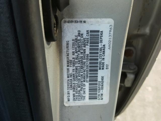 2T1BR32E33C112066 - 2003 TOYOTA COROLLA CE SILVER photo 10