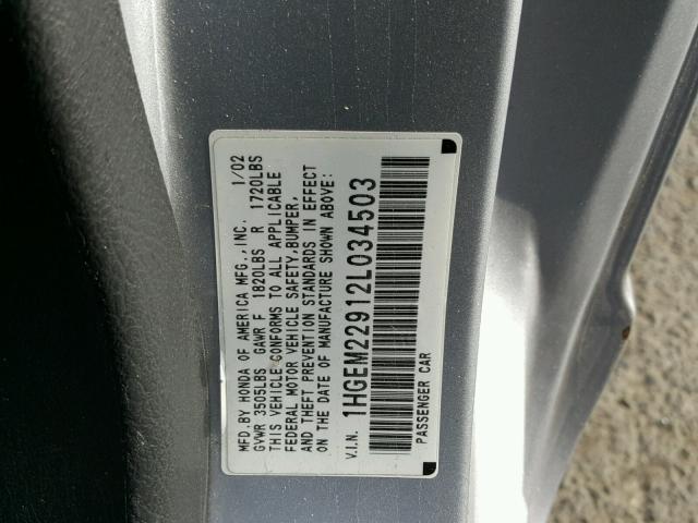 1HGEM22912L034503 - 2002 HONDA CIVIC EX 银色 照片 10
