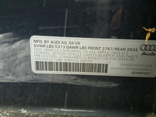 WAUSG74F39N056801 - 2009 AUDI A6 BLACK photo 10