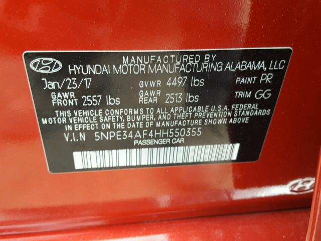 5NPE34AF4HH550355 - 2017 HYUNDAI SONATA SPO RED photo 10