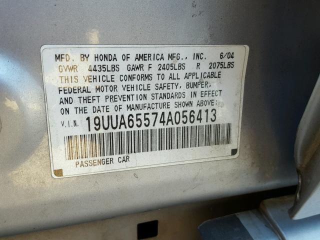 19UUA65574A056413 - 2004 ACURA TL SILVER photo 10