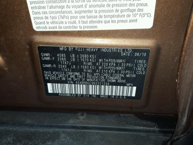 4S4BRBGC9B3321204 - 2011 SUBARU OUTBACK 2. BROWN photo 10