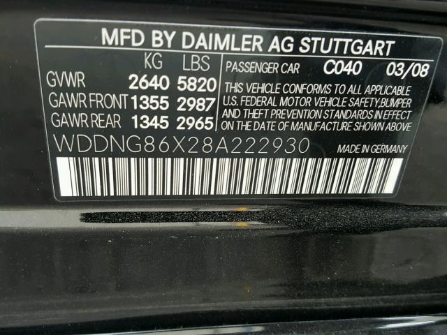 WDDNG86X28A222930 - 2008 MERCEDES-BENZ S 550 4MAT BLACK photo 10