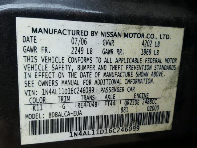 1N4AL11D16C246099 - 2006 NISSAN ALTIMA S GRAY photo 10