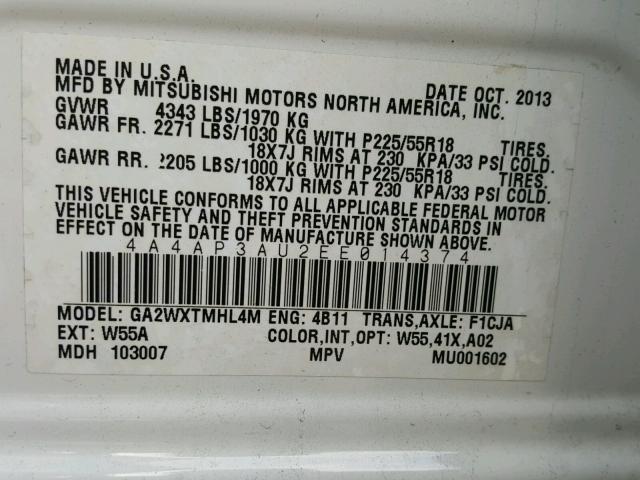 4A4AP3AU2EE014374 - 2014 MITSUBISHI OUTLANDER WHITE photo 10