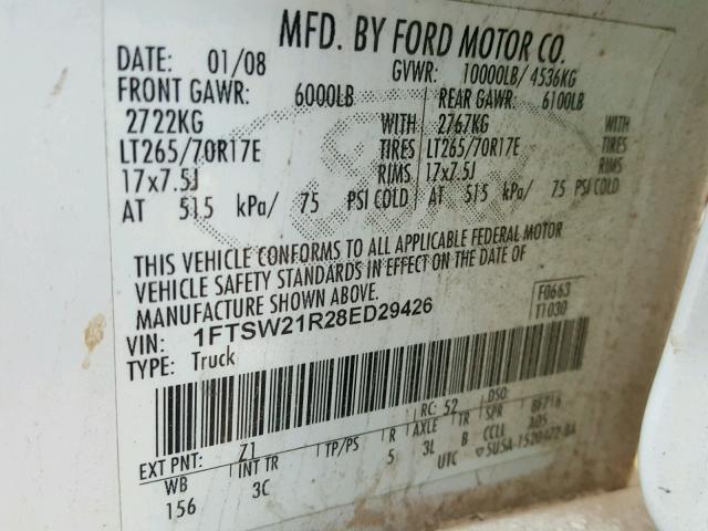 1FTSW21R28ED29426 - 2008 FORD F250 SUPER WHITE photo 10