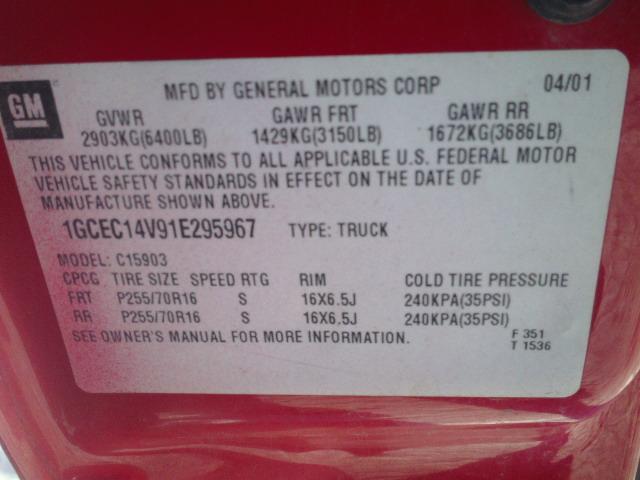 1GCEC14V91E295967 - 2001 CHEVROLET SILVERADO RED photo 10