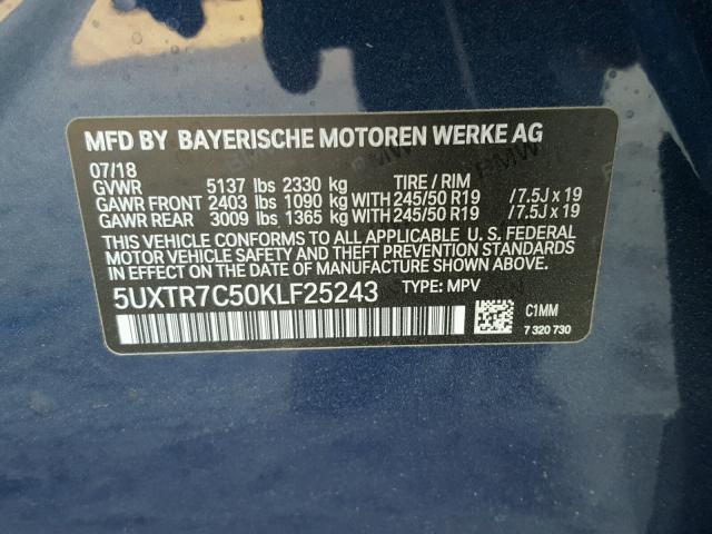 5UXTR7C50KLF25243 - 2019 BMW X3 SDRIVE3 BLUE photo 10