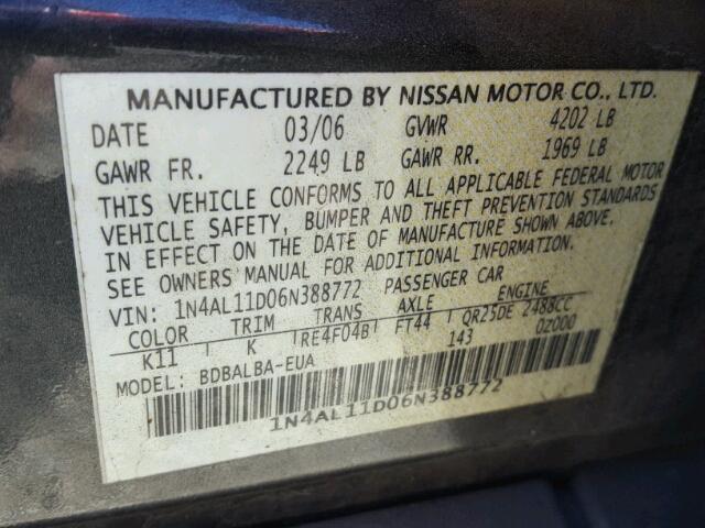 1N4AL11D06N388772 - 2006 NISSAN ALTIMA S BLACK photo 10