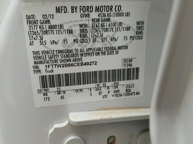 1FT7W2B66CEB49272 - 2012 FORD F250 WHITE photo 10