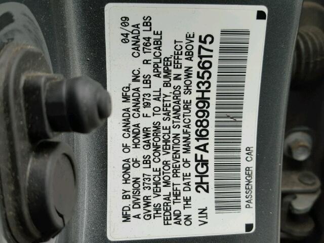 2HGFA16899H356175 - 2009 HONDA CIVIC EX Gri fotoğraf 10