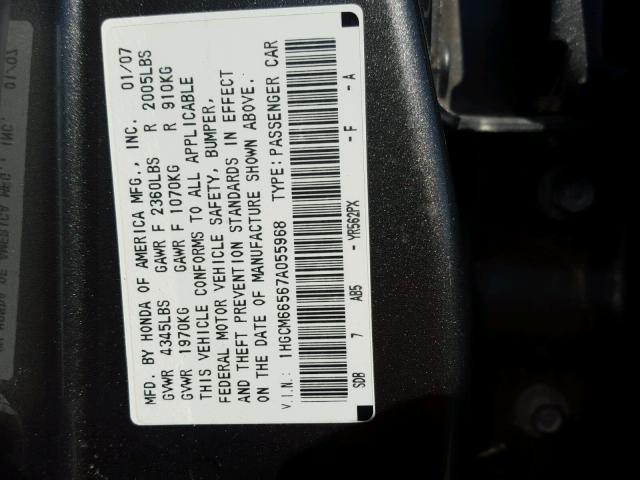 1HGCM66567A055968 - 2007 HONDA ACCORD EX GRAY photo 10