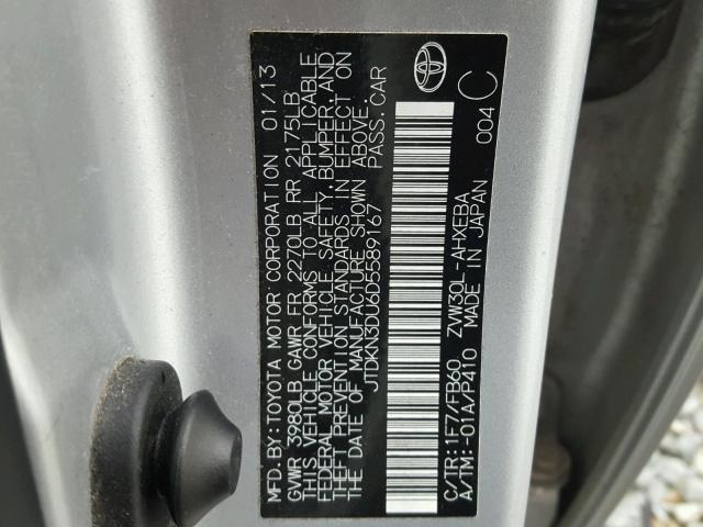 JTDKN3DU6D5589167 - 2013 TOYOTA PRIUS SILVER photo 10