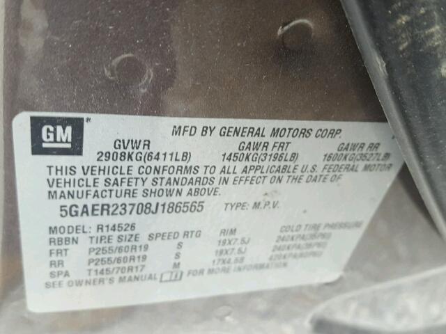 5GAER23708J186565 - 2008 BUICK ENCLAVE CX BROWN photo 10