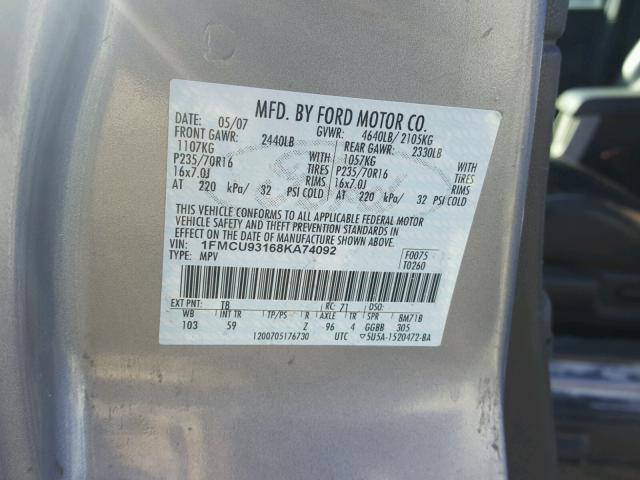 1FMCU93168KA74092 - 2008 FORD ESCAPE XLT GRAY photo 10