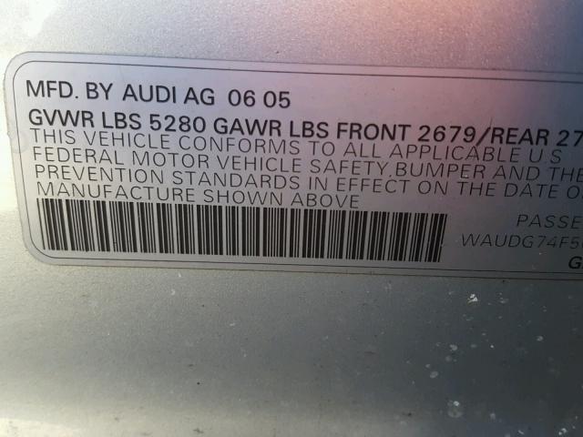 WAUDG74F56N032911 - 2006 AUDI A6 3.2 QUA SILVER photo 10