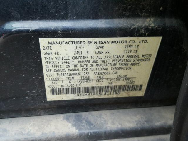 1N4BA41E08C811286 - 2008 NISSAN MAXIMA SE CHARCOAL photo 10