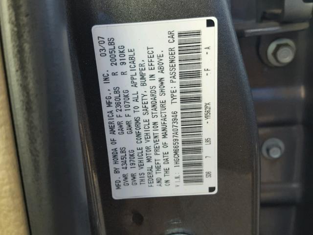 1HGCM66597A073946 - 2007 HONDA ACCORD EX GRAY photo 10