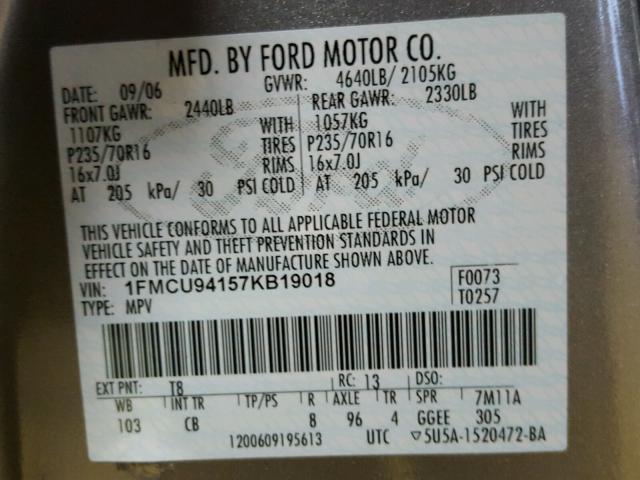 1FMCU94157KB19018 - 2007 FORD ESCAPE LIM SILVER photo 10