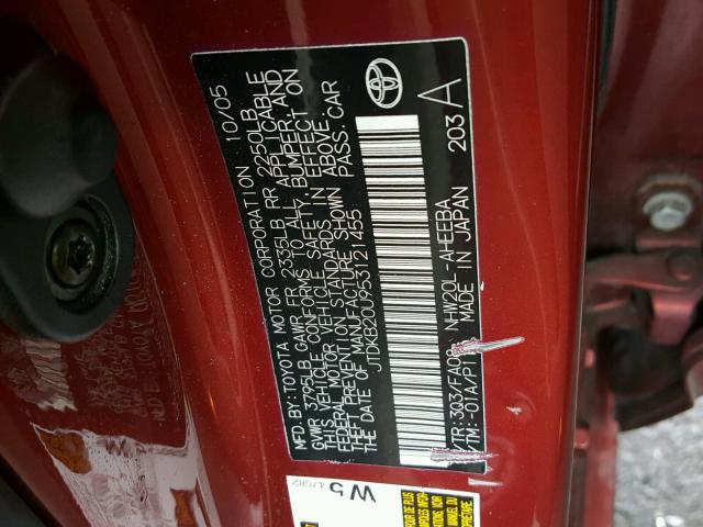 JTDKB20U953121455 - 2005 TOYOTA PRIUS RED photo 10