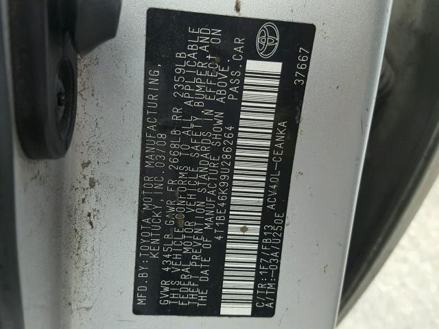 4T1BE46K99U286264 - 2009 TOYOTA CAMRY BASE SILVER photo 10