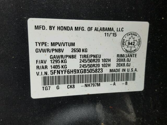 5FNYF6H9XGB505823 - 2016 HONDA PILOT TOUR GRAY photo 10