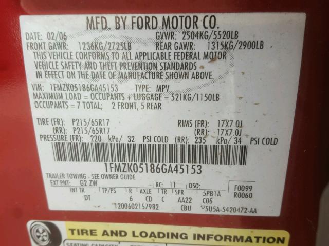 1FMZK05186GA45153 - 2006 FORD FREESTYLE RED photo 10