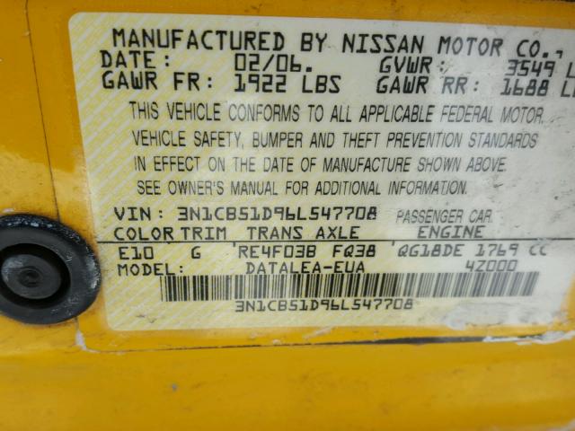 3N1CB51D96L547708 - 2006 NISSAN SENTRA 1.8 YELLOW photo 10