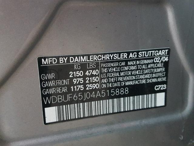 WDBUF65J04A515888 - 2004 MERCEDES-BENZ E 320 SILVER photo 10