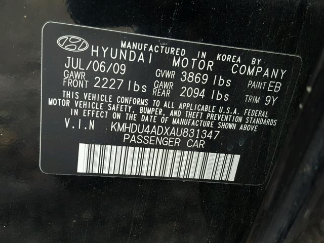 KMHDU4ADXAU831347 - 2010 HYUNDAI ELANTRA BL BLACK photo 10