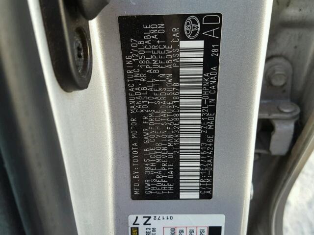 2T1KR32E88C718678 - 2008 TOYOTA COROLLA MA SILVER photo 10