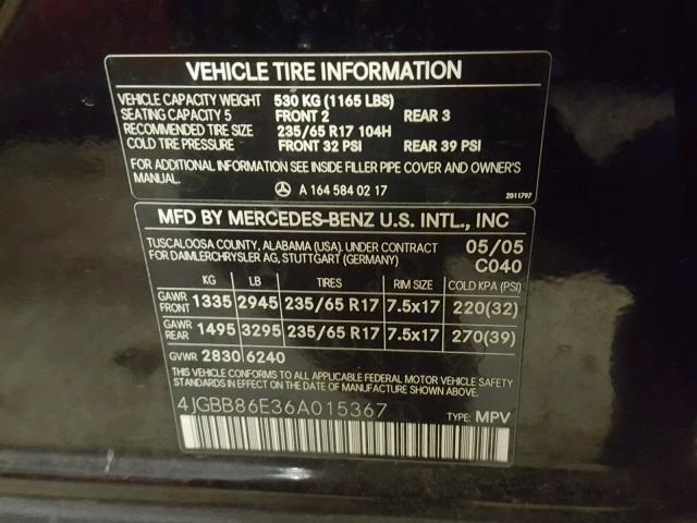 4JGBB86E36A015367 - 2006 MERCEDES-BENZ ML 350 BLACK photo 10