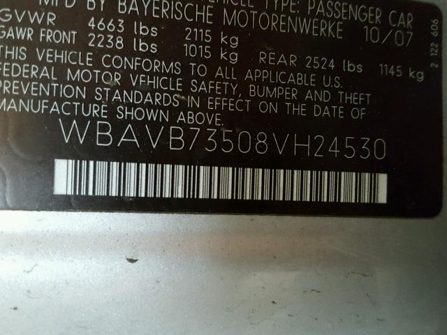 WBAVB73508VH24530 - 2008 BMW 335 I SILVER photo 10
