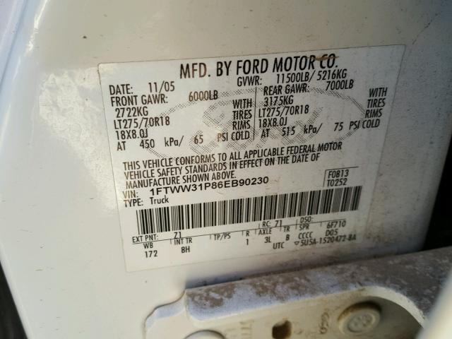 1FTWW31P86EB90230 - 2006 FORD F350 SRW S WHITE photo 10