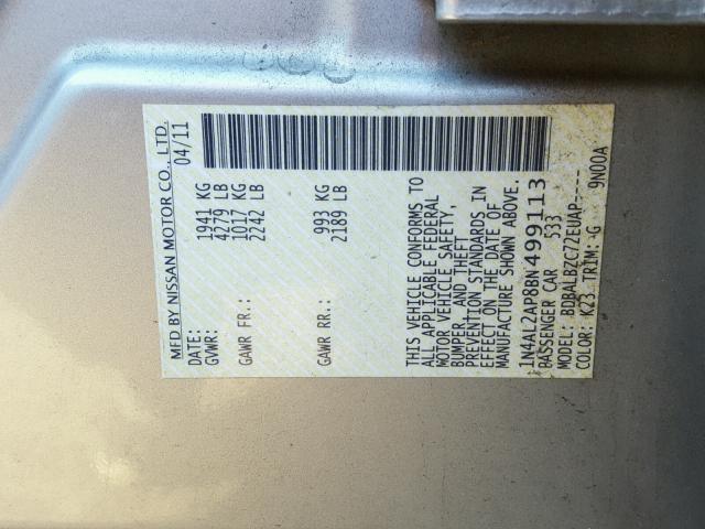 1N4AL2AP8BN499113 - 2011 NISSAN ALTIMA BAS SILVER photo 10