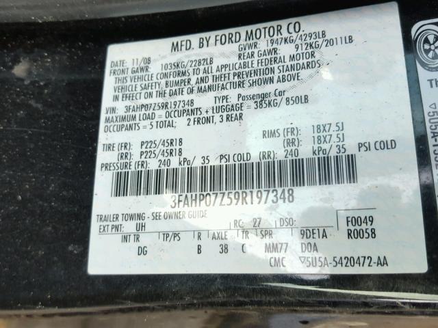 3FAHP07Z59R197348 - 2009 FORD FUSION SE BLACK photo 10