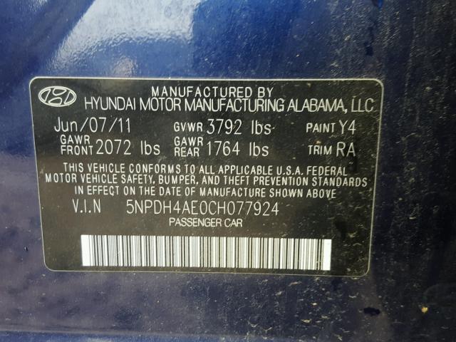 5NPDH4AE0CH077924 - 2012 HYUNDAI ELANTRA GL BLUE photo 10