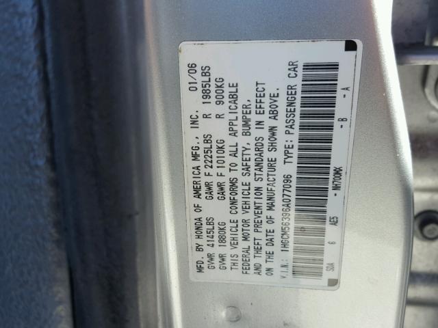 1HGCM56396A077096 - 2006 HONDA ACCORD SE SILVER photo 10