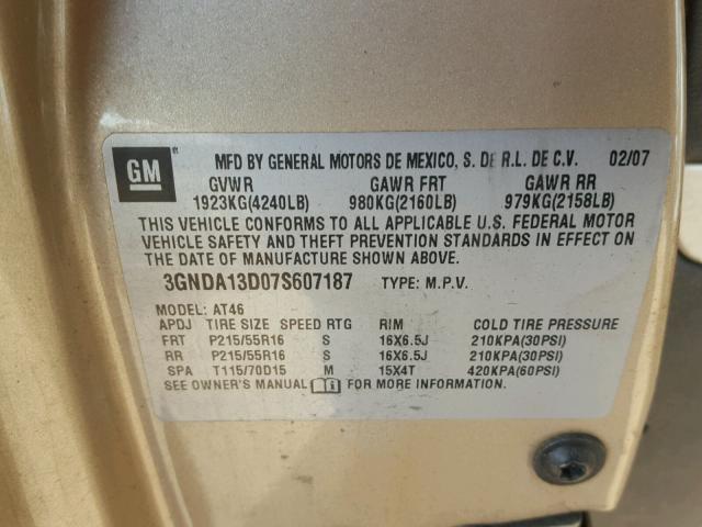 3GNDA13D07S607187 - 2007 CHEVROLET HHR LS GOLD photo 10