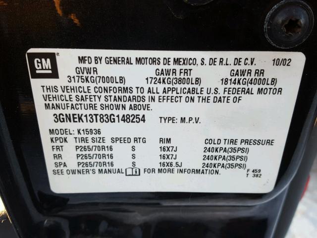 3GNEK13T83G148254 - 2003 CHEVROLET AVALANCHE CHARCOAL photo 10