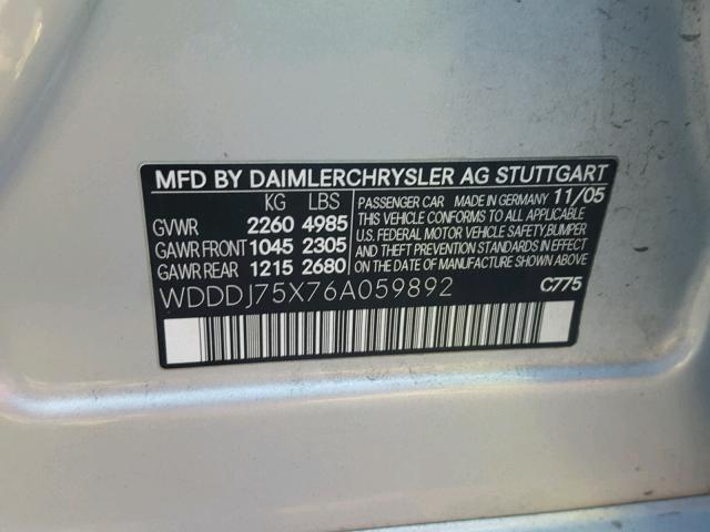 WDDDJ75X76A059892 - 2006 MERCEDES-BENZ CLS 500C GRAY photo 10