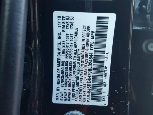 5J6RE4H79BL024844 - 2011 HONDA CR-V EXL BLACK photo 10