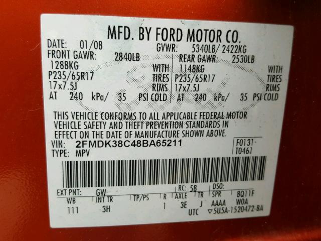 2FMDK38C48BA65211 - 2008 FORD EDGE SEL ORANGE photo 10