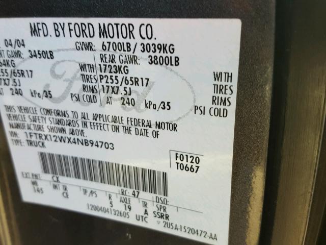 1FTRX12WX4NB94703 - 2004 FORD F150 GRAY photo 10