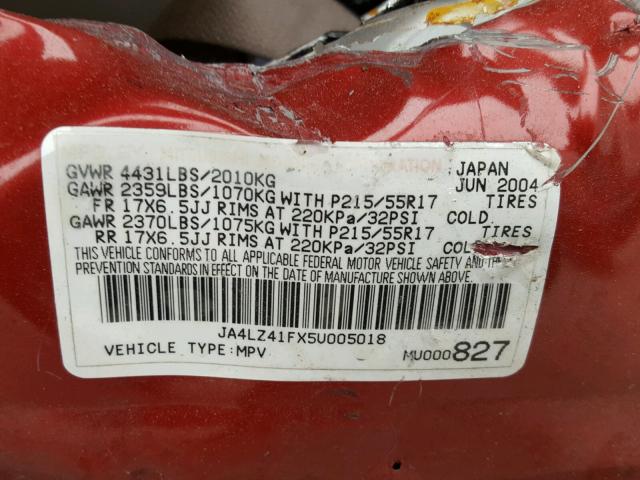 JA4LZ41FX5U005018 - 2005 MITSUBISHI OUTLANDER RED photo 10