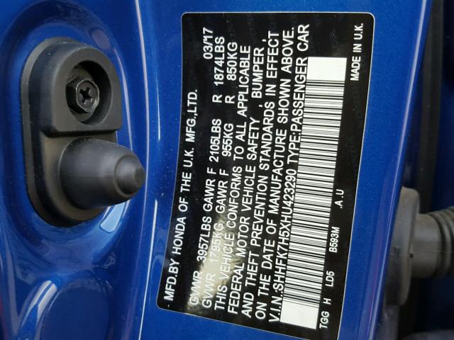 SHHFK7H5XHU423290 - 2017 HONDA CIVIC EX ლურჯი ფოტო 10