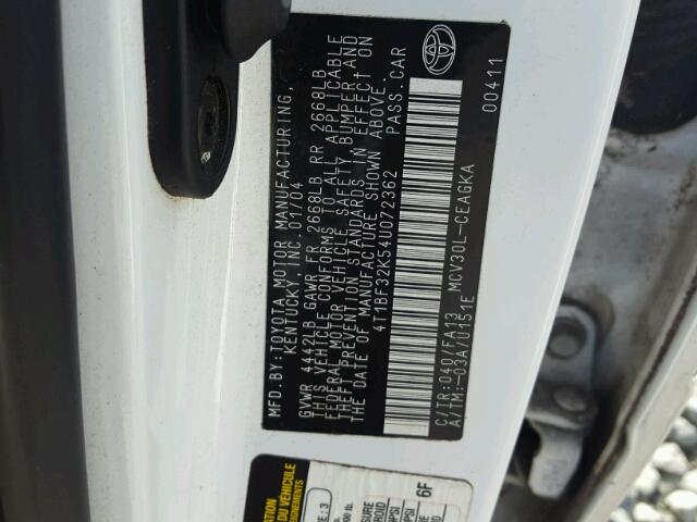 4T1BF32K54U072362 - 2004 TOYOTA CAMRY LE WHITE photo 10