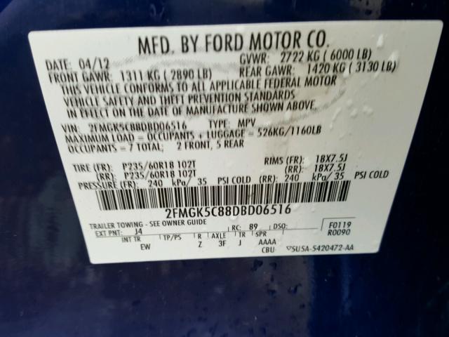 2FMGK5C88DBD06516 - 2013 FORD FLEX SEL BLUE photo 10