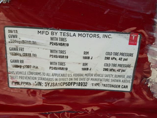 5YJSA1CP5DFP18932 - 2013 TESLA MODEL S RED photo 10